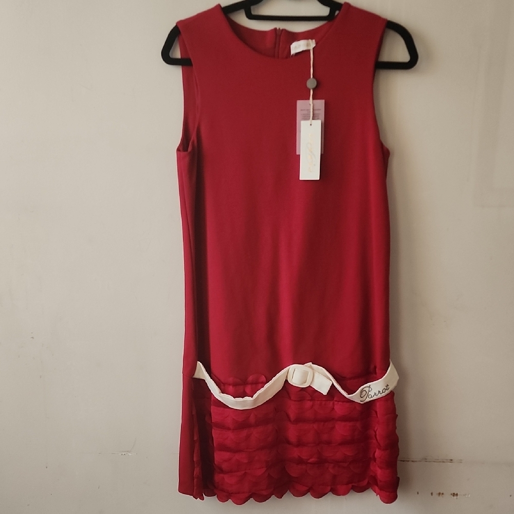 Parrot Red Mini Dress with White Accents